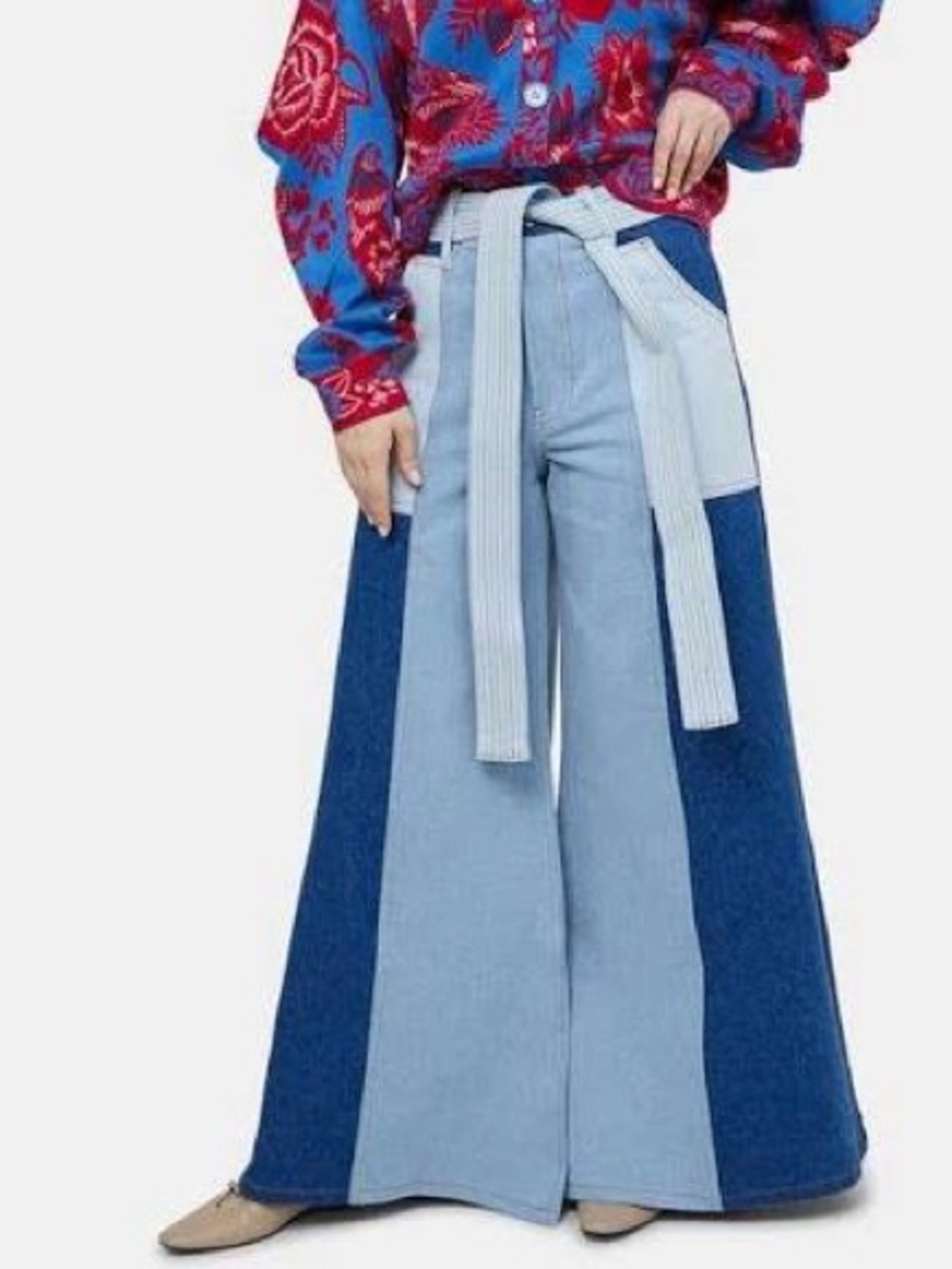 Farm Rio Wide-Leg Two-Tone Blue Patchwork Jeans - Picture 1 of 3